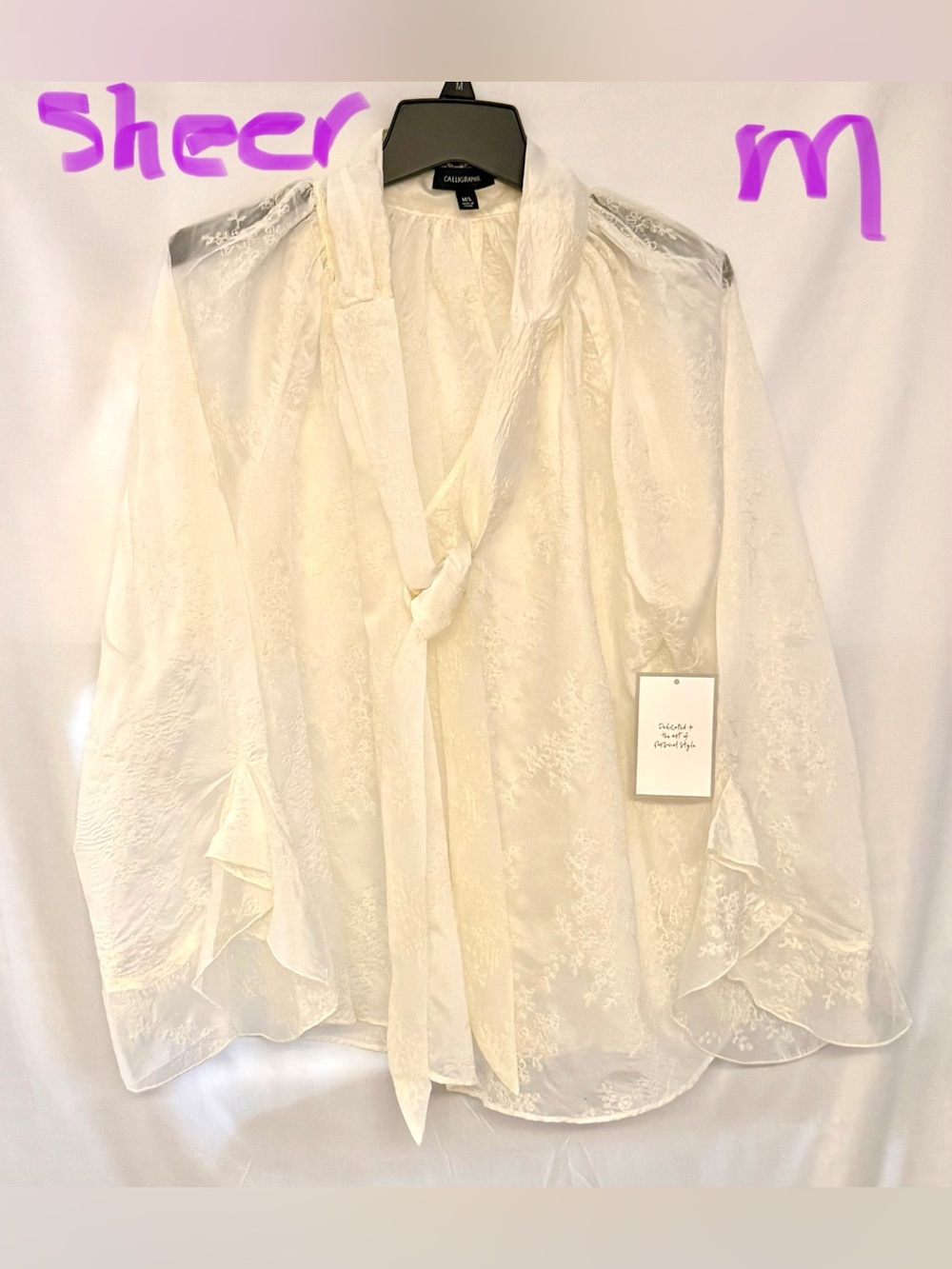Calvin Klein Ivory Sheer Tie-Neck Blouse with Ruffled Sleeves